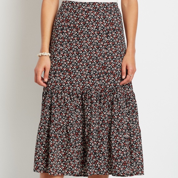 Maurices Ditsy Floral High Rise Ruffle Tiered Pull On Midi Skirt Flowy Textured - Picture 4 of 16